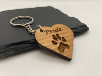 Wooden Paw Print Keyring, Your Pets Actual Paw, Heart.