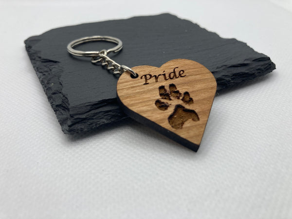 Wooden Paw Print Keyring, Your Pets Actual Paw, Heart.