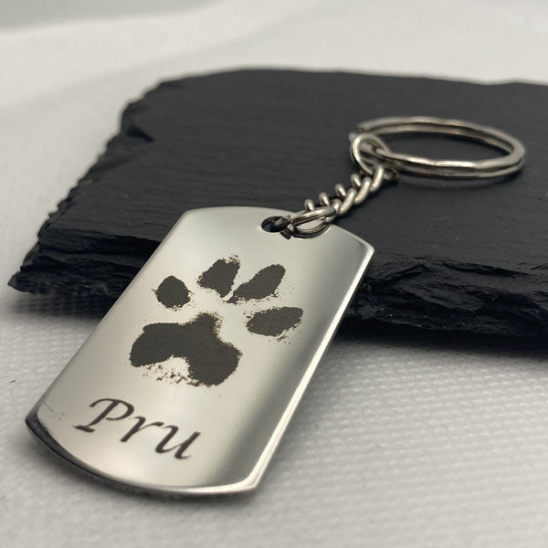 Pet Memorial Keyring, Your Pets Actual Paw Print, Metal Rectangular Keyring